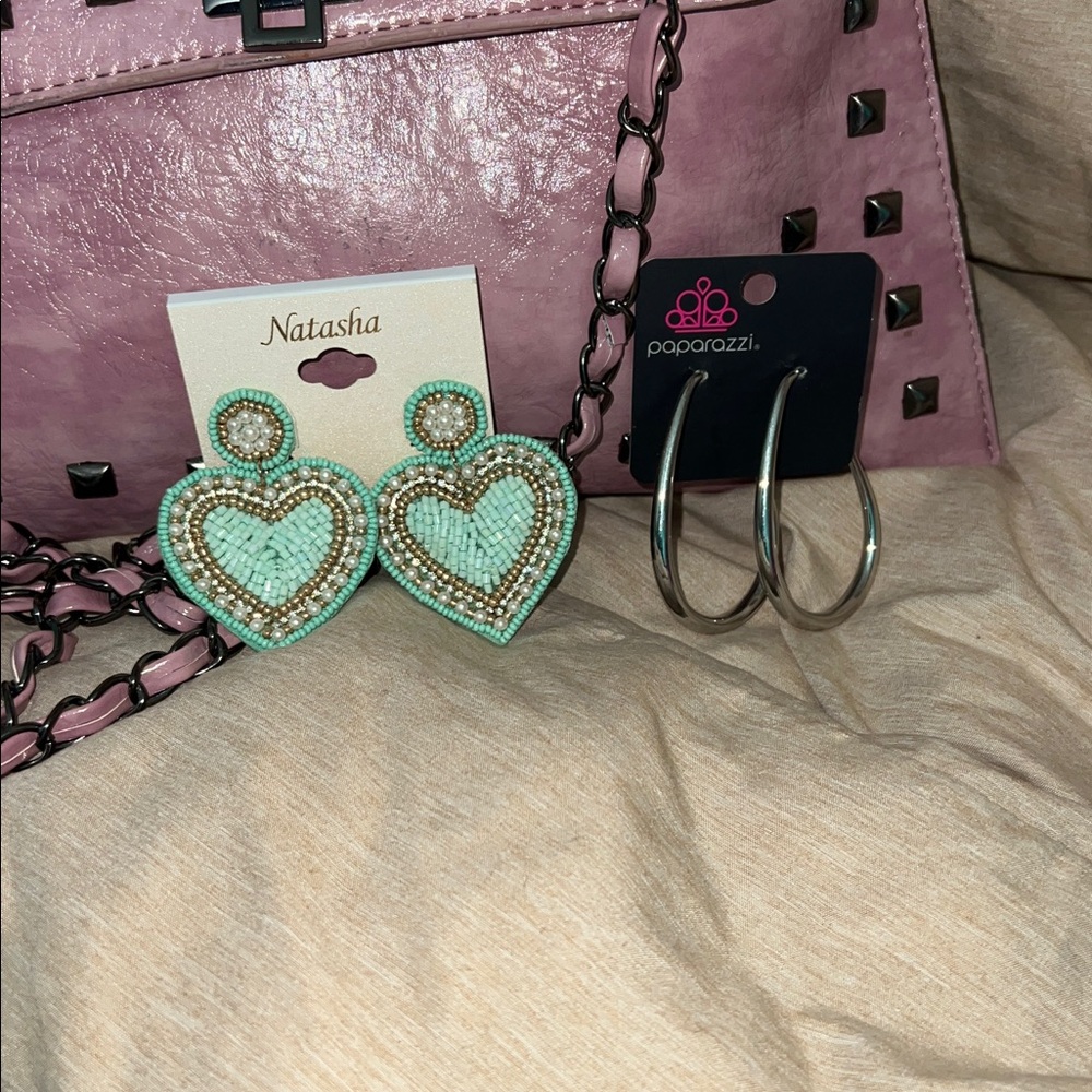 Pink Studded Handbag with Heart Earrings and Hoop Earrings
